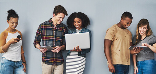 Poster - Tablet, laptop and business people in startup on wall background for internet, website and online networking. Creative, office and men and women on technology for job interview, hiring or recruitment