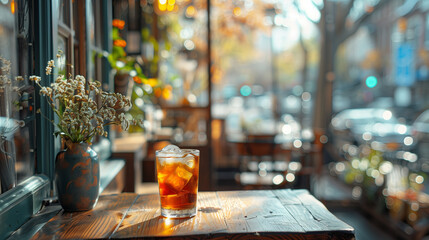 Wall Mural - glass of ice tea on wooden table by the window