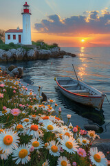 Sticker - lighthouse on the coast with Wooden boat