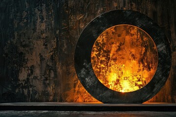 Wall Mural - A close up of the black steel plate with an illuminated golden circle in front, creating a cinematic atmosphere. The background is dark and gritty, adding to its ominous presence.