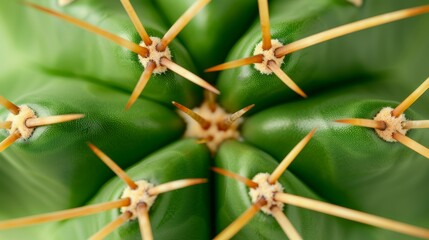 Close-up of a vibrant green cactus with yellow spines in natural sunlight, macro photography, Nature and botanical concept