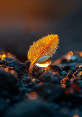 Sticker - Close up of young tree sapling with water drops in the forest, morning sunlight