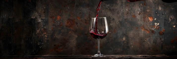 Pouring red wine into the glass against rustic dark wooden background