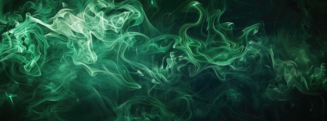Poster - A dark green smoke background with swirling patterns of color, creating an atmospheric and mysterious atmosphere. The color is bright and vibrant against the black backdrop,  