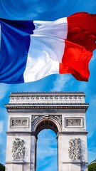 Sticker - Illustration of arc de triomphe and waving french flag.