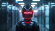 © May Chanikran - A futuristic security guard robot standing in a dimly lit hallway with 'security' displayed on its helmet.