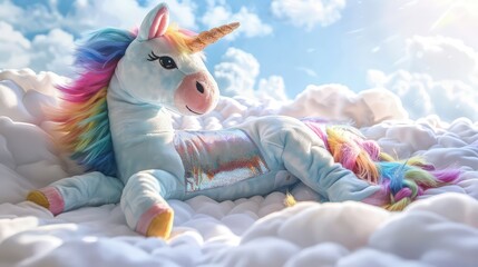 A plush unicorn with a shimmering rainbow mane and tail, positioned on a cloud-like white bedspread, giving the illusion of floating in the sky.
