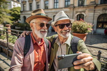 Senior couple gay taking a selfie with the phone, enjoying a vacation in Europe and sightseeing entertainment at summer day.