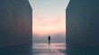 © May Chanikran - Lone figure stands between two large walls at sunset, symbolizing solitude, introspection, and the journey toward the unknown.