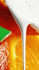 Poster - Close up of two halves of cut orange isolated on a green background. Stock clip. White inks being poured on fruits.