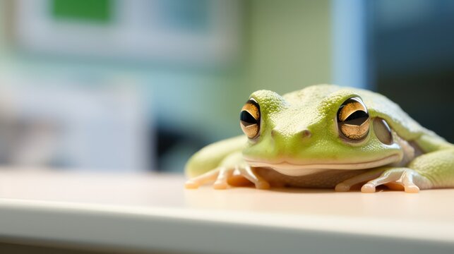Sad frog in a veterinary clinic.