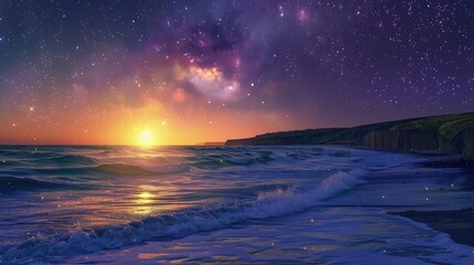 Wall Mural - A serene sunrise over the ocean, where the waves glow with luminescent colors, against a backdrop of rolling hills and a sky filled with stars fading into the morning light.