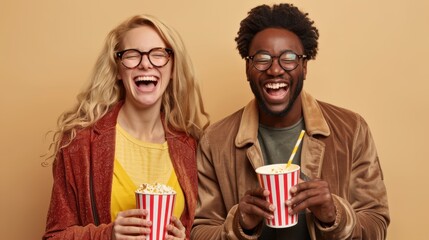 Canvas Print - The happy friends with popcorn