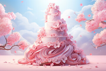 generated illustration beautiful elegant layered pink wedding cake decorated with  flowers.