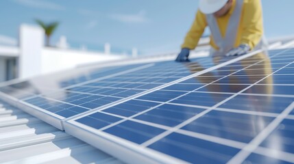 Detailed view of solar panels installed on a stylish modern house roof, clear sky above, highlighting innovative green energy solutions and sustainability