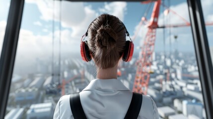 Wall Mural - Female crane operator viewed from behind, inside the cab of a construction tower crane, detailed site activity below, photorealistic with precise machinery and cityscape