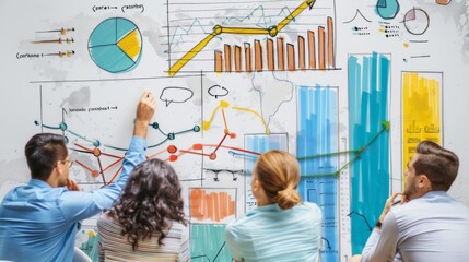 Poster - A group of professionals in a brainstorming session, with a large bar graph displayed on a whiteboard.