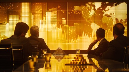 Poster - A group of professionals in a meeting room, analyzing a gold price graph displayed on a large monitor.