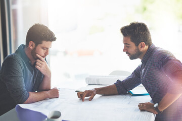 Aufkleber - Meeting, blueprint and business men for architecture, urban planning and property development. Building company, engineering and people with paperwork, floor plan and design on desk for teamwork