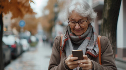 relaxed mature old 60s woman, older middle aged female customer holding smartphone using mobile app,