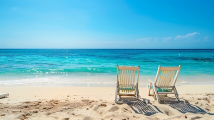 Wall Mural - Serene beach setting with chairs placed on golden sand near the turquoise sea, ideal for a summer holiday