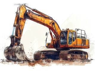 Wall Mural - Artistic rendering of an excavator, isolated on white, using vector illustration style