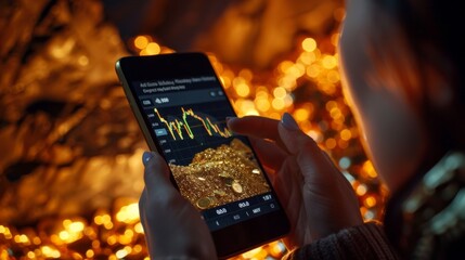 Poster - A person holding a smartphone displaying a gold price graph, with a focus on rising prices.