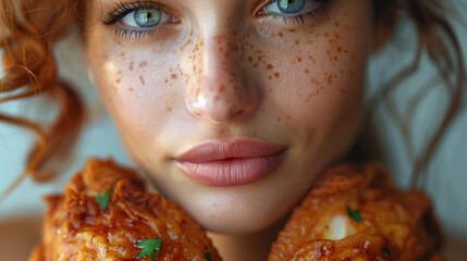 Poster - portrait of a Woman eating fried chicken 