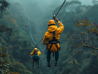 Wall Mural - People are ziplining in the mountains