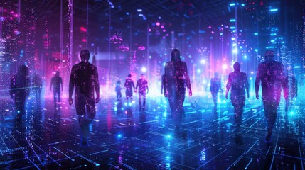 Wall Mural - Glowing holographic human figures walk in a digital space, illustrating a futuristic virtual reality environment.
