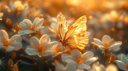 Wall Mural - Stunning Golden Butterfly Perched on Delicate Orange Blossoms in Serene Floral Setting