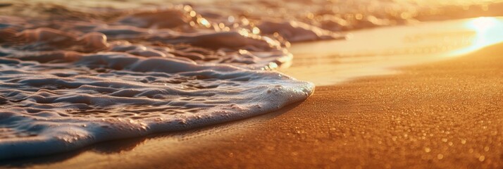 Wall Mural - A close-up image of foamy waves breaking on a sandy beach at sunset. The golden light of the setting sun illuminates the scene