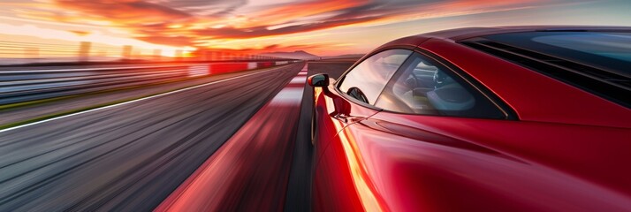 Wall Mural - A red race car speeds along a blurred track at sunset. The drivers perspective from inside the car captures the thrill of speed and the beauty of the setting sun