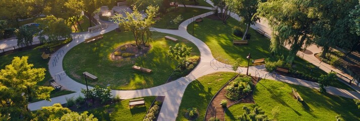 Canvas Print - A drone captures a picturesque park with winding paths, benches, and a playground area, offering a serene escape
