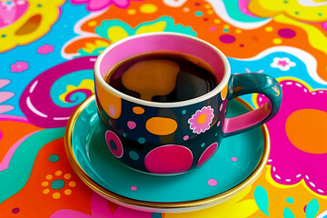 Wall Mural - A colorful coffee cup with a floral design sits on a colorful plate