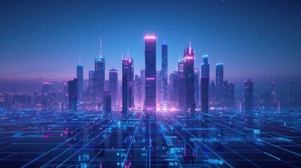 Wall Mural - A futuristic cityscape in neon blue and purple hues, with buildings outlined in digital wireframes against a dark blue backdrop.
