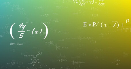 Poster - Image of science concept icons and mathematical equations against green gradient background
