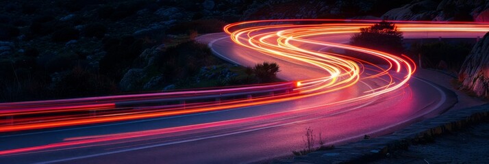 Wall Mural - A long exposure photograph capturing vibrant neon light trails streaking across a curved road at night. The image features copy space