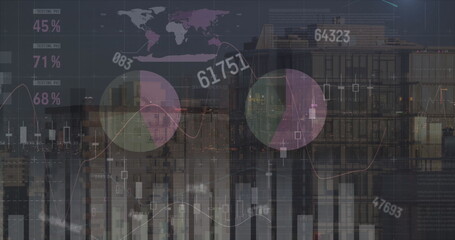 Poster - Image of changing numbers and statistical data processing against aerial view of tall buildings