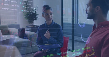 Poster - Image of graphs and trading boards over diverse coworkers discussing in office