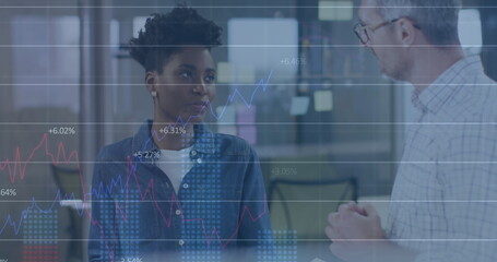 Poster - Image of multiple graphs with numbers over diverse coworkers discussing reports in office