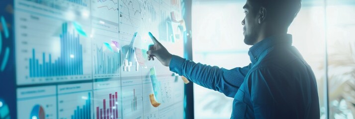 Wall Mural - A businessman points at a digital whiteboard displaying graphs, flowcharts, and sticky notes