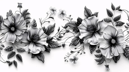 Wall Mural - Floral ornament design with detailed leaves and flowers, black on white background