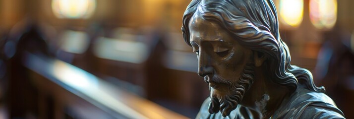 Wall Mural - A close up photo of a Jesus statue in prayer, positioned within a church pew, with the interior of the church out of focus in the background