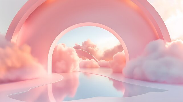 1. Create a serene 3D render of an abstract, minimalistic landscape with a soft gradient background, featuring a tunnel from which gentle white clouds emerge, symbolizing tranquility and exploration.