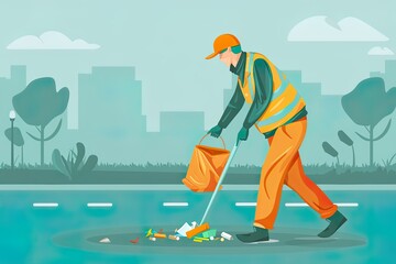 sanitation worker cleaning city street. man in uniform collecting trash with grabber tool. concept o