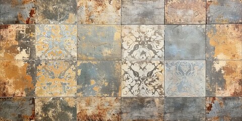 Wall Mural - Old brown gray rusty vintage worn shabby patchwork motif tiles stone concrete cement wall texture background banner, Generative AI