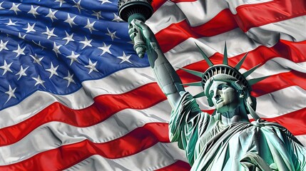 statue of liberty with america flag