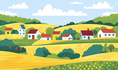 Wall Mural - landscape with village and hills