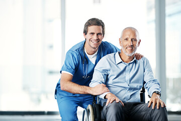 Canvas Print - Man, wheelchair and doctor for healthcare, medical and help for community care patient. Disabled, smile and hopeful with portrait of male person and carer, window or rehabilitation with nurse service